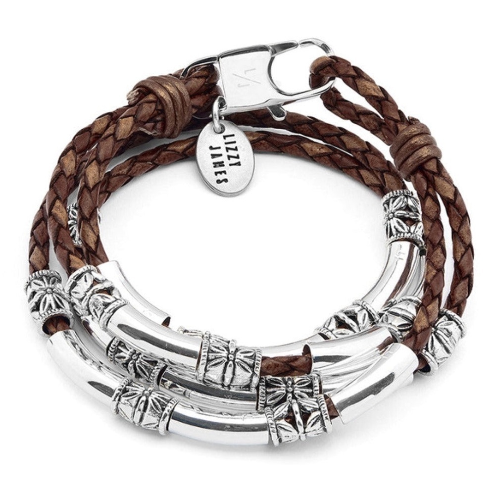 Lizzy James Maxi Braided Brown Leather Wrap Bracelet Etched Silver Crescents NWT